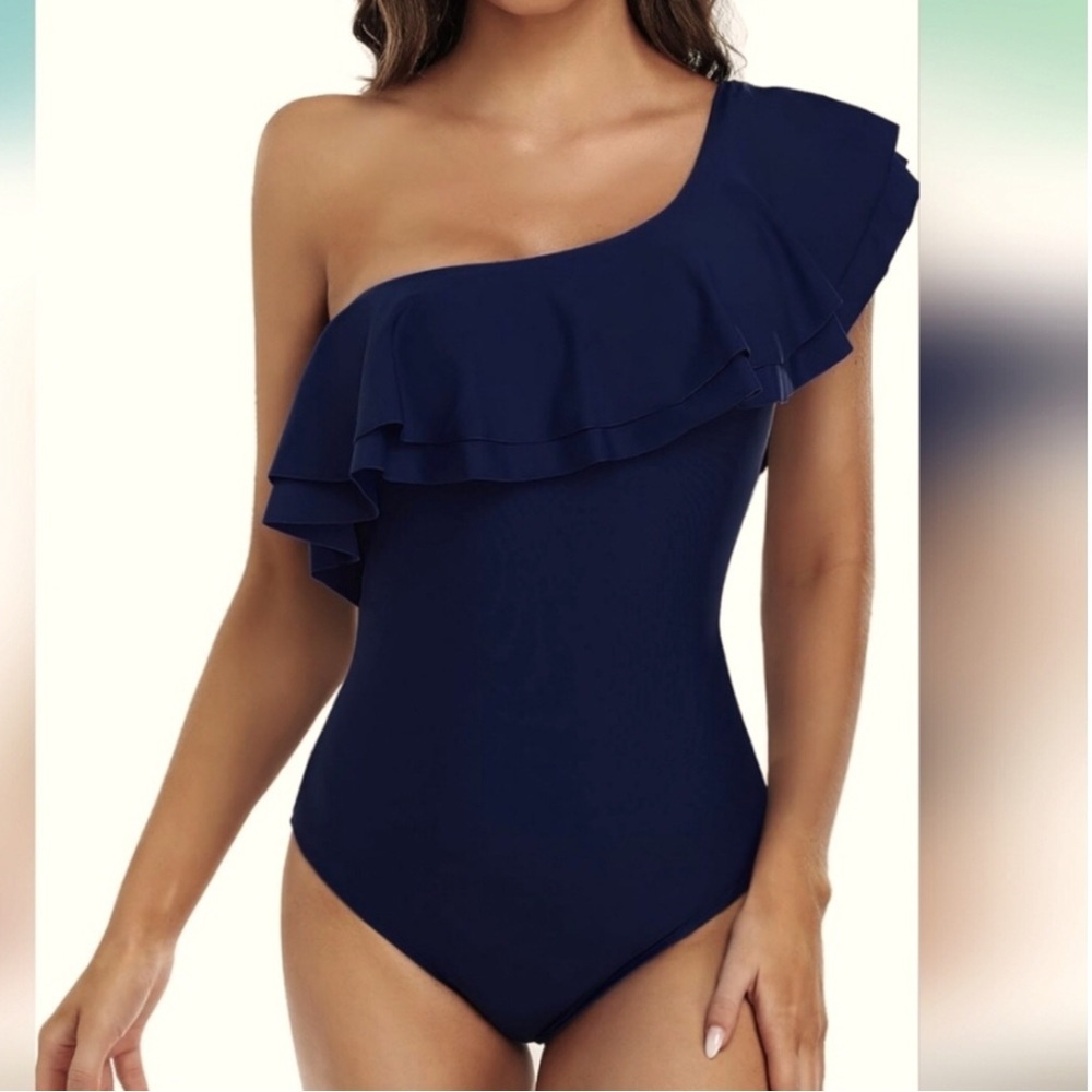 HILOR Navy Blue One Piece Swimsuit One Shoulder Ruffle Size 8 NWT